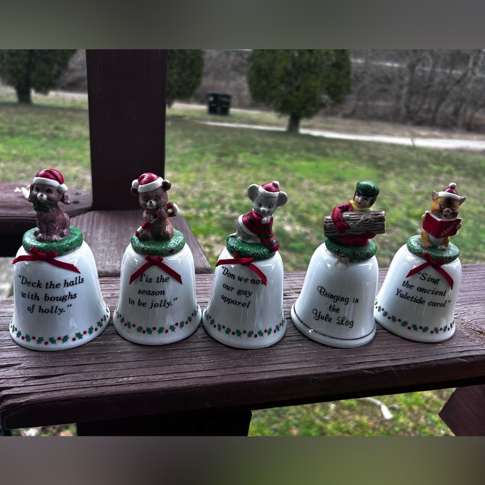 Festive Holiday Bell Set with Santa Bears and Elf